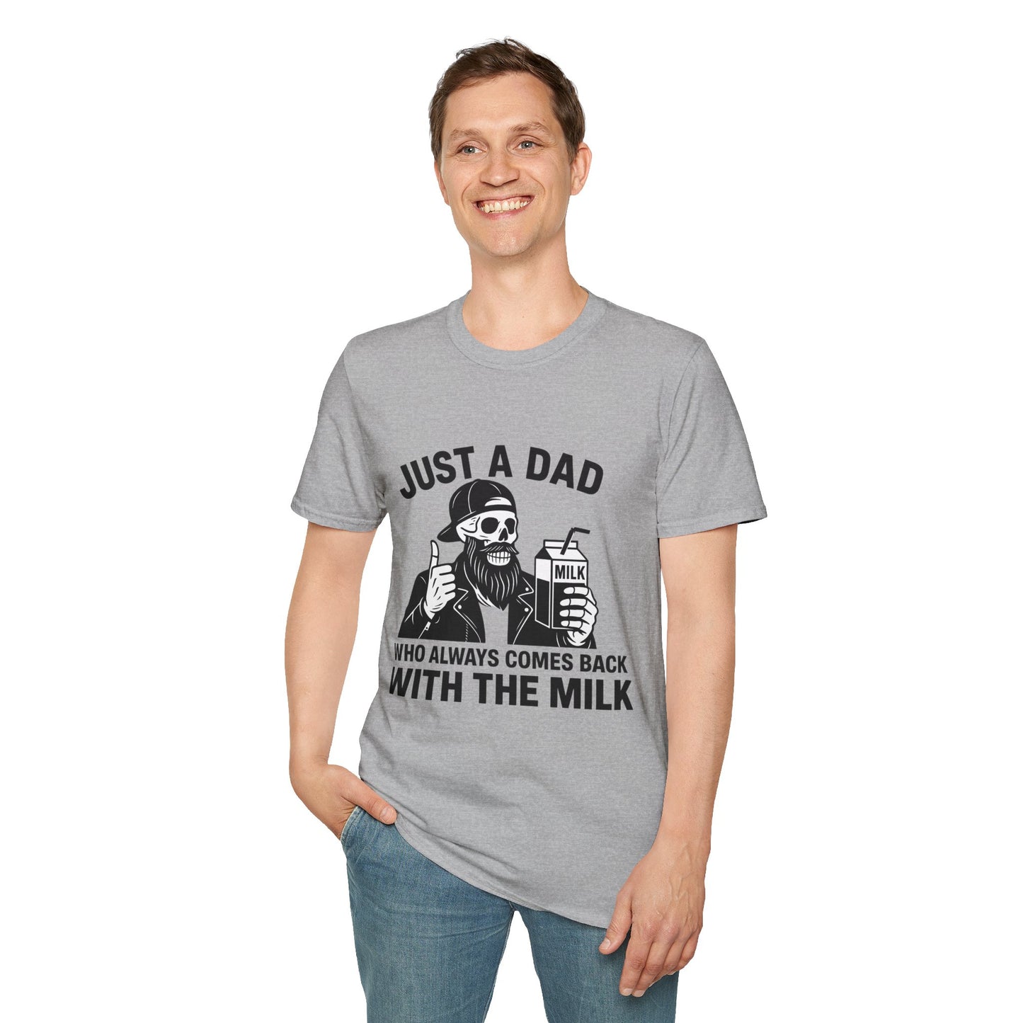 Just a Dad Softstyle T-Shirt, Funny Dad Shirt, Gift for Father's Day, Unisex Tee, Casual Wear, Milk Lover Tee