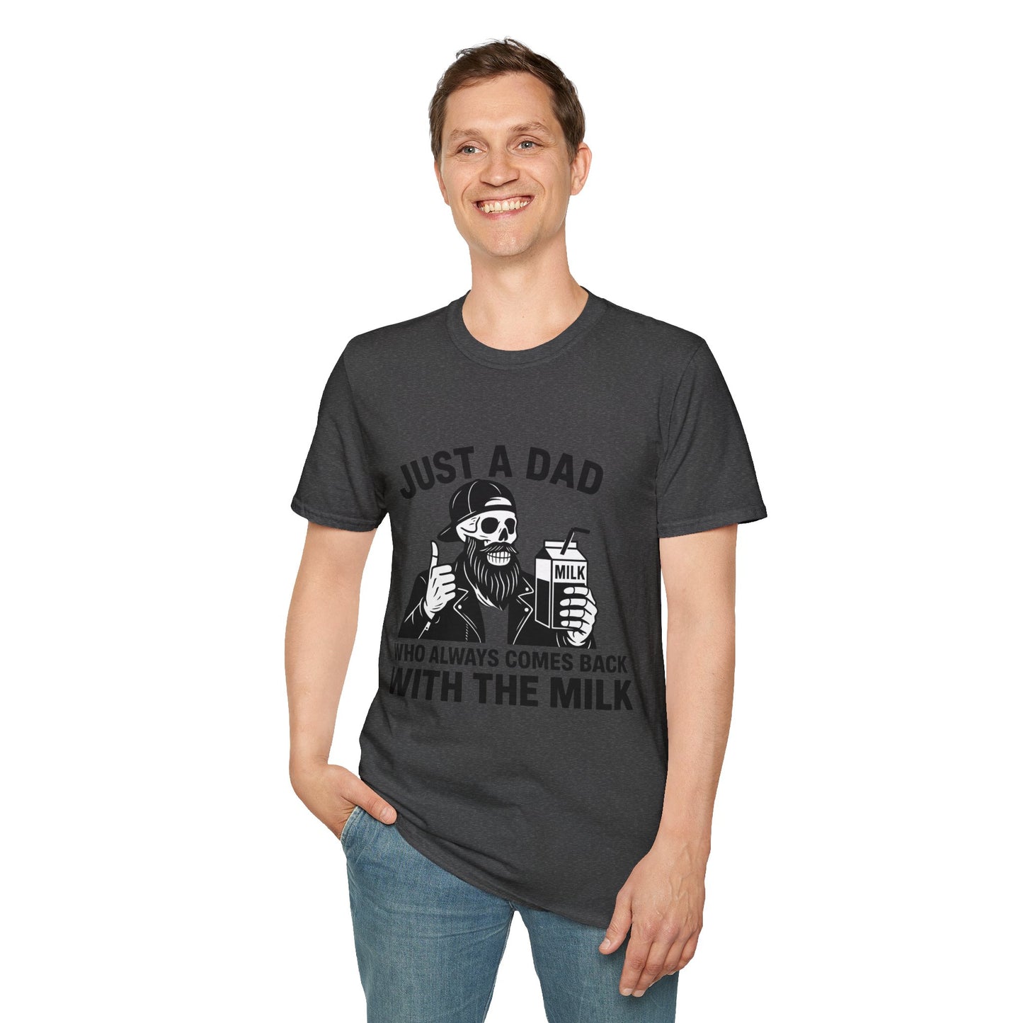 Just a Dad Softstyle T-Shirt, Funny Dad Shirt, Gift for Father's Day, Unisex Tee, Casual Wear, Milk Lover Tee