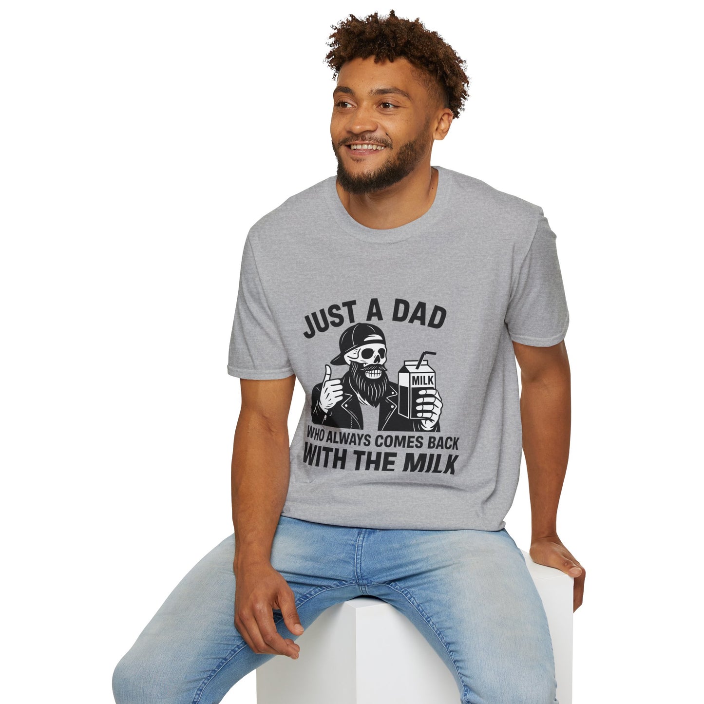 Just a Dad Softstyle T-Shirt, Funny Dad Shirt, Gift for Father's Day, Unisex Tee, Casual Wear, Milk Lover Tee