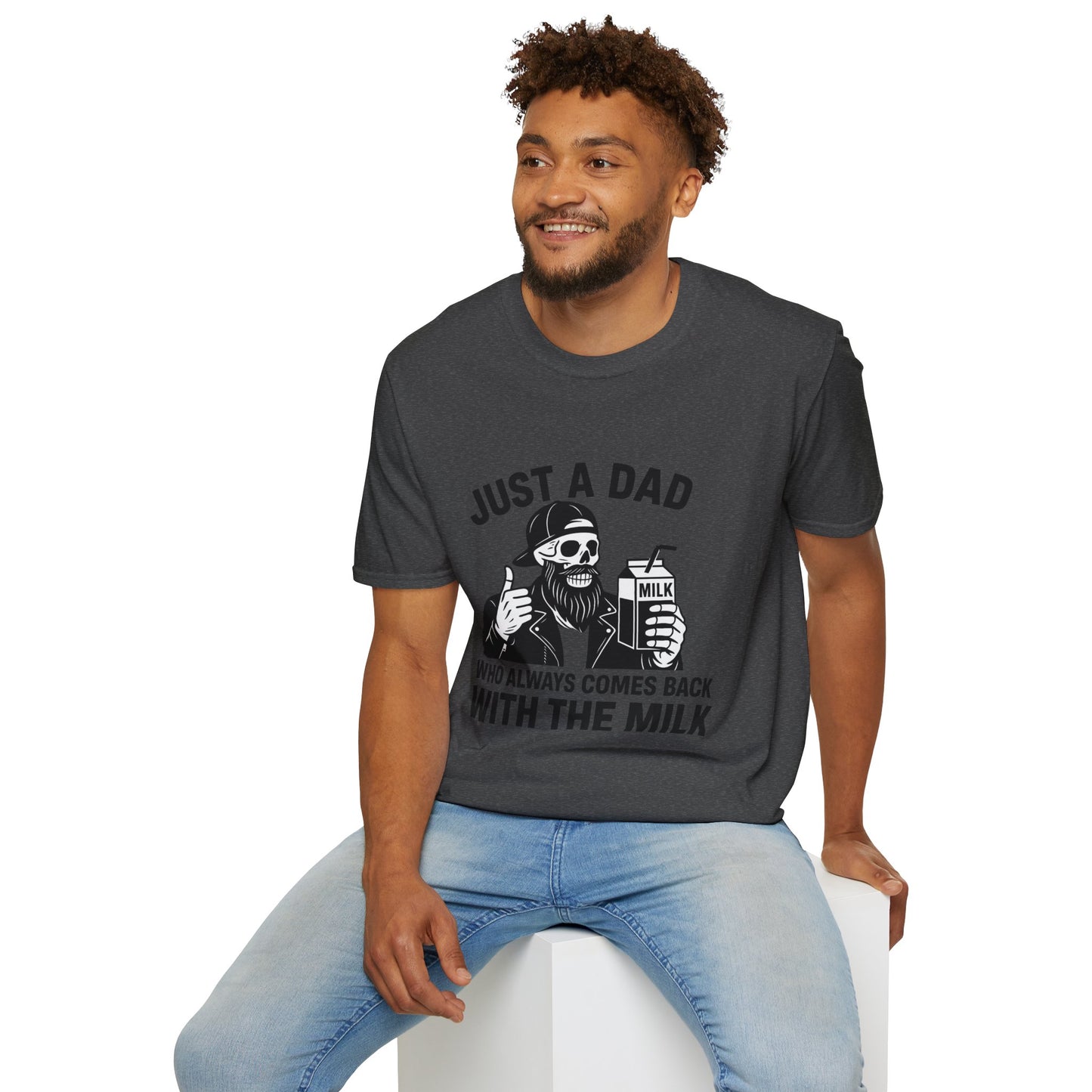 Just a Dad Softstyle T-Shirt, Funny Dad Shirt, Gift for Father's Day, Unisex Tee, Casual Wear, Milk Lover Tee