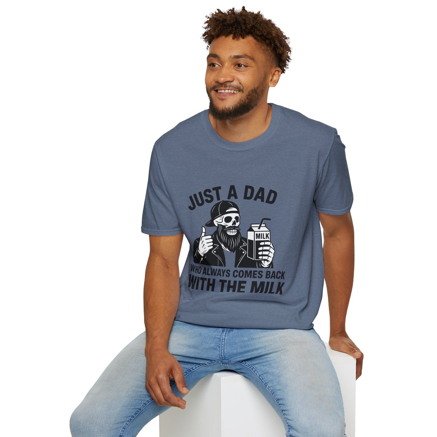 Just a Dad Softstyle T-Shirt, Funny Dad Shirt, Gift for Father's Day, Unisex Tee, Casual Wear, Milk Lover Tee
