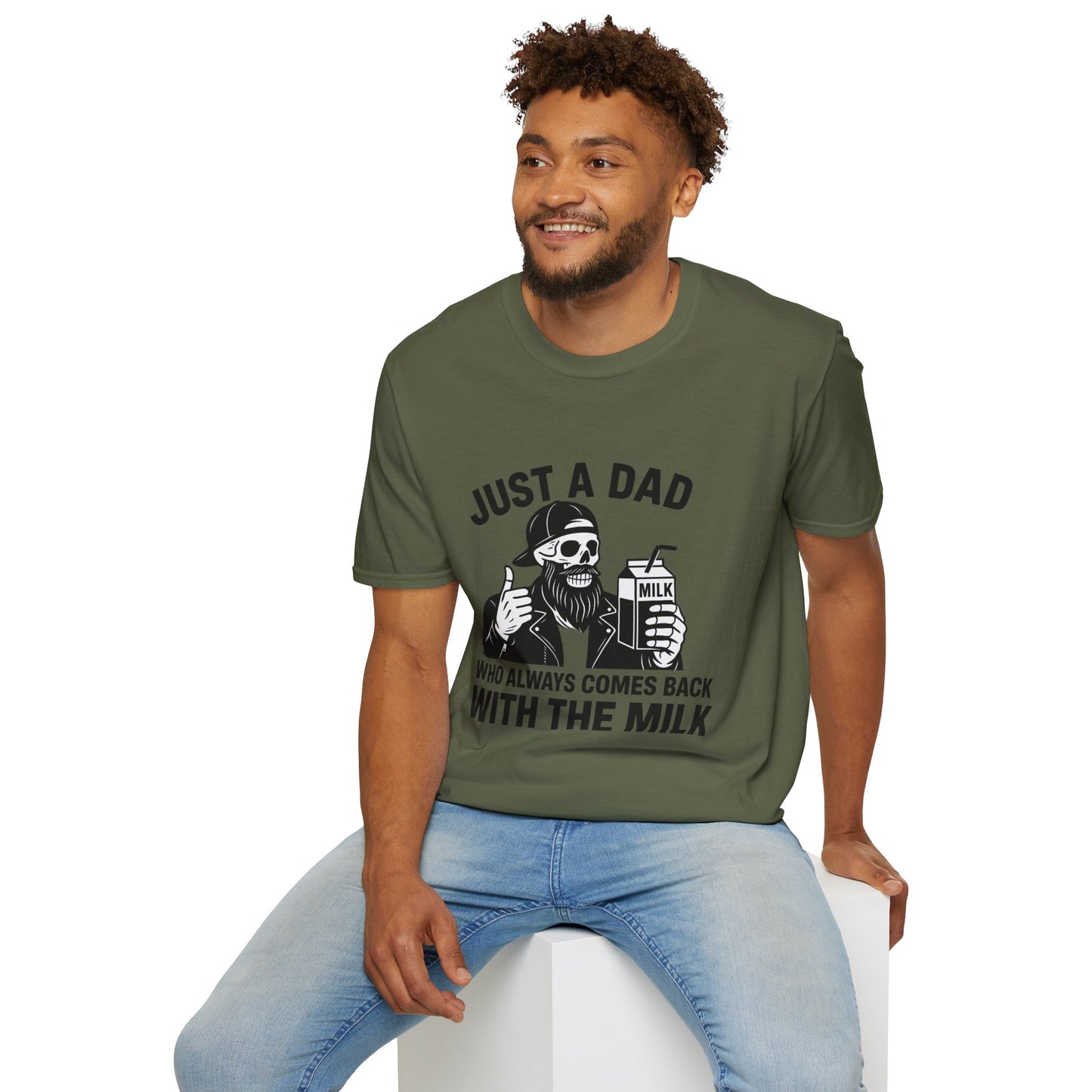 Just a Dad Softstyle T-Shirt, Funny Dad Shirt, Gift for Father's Day, Unisex Tee, Casual Wear, Milk Lover Tee