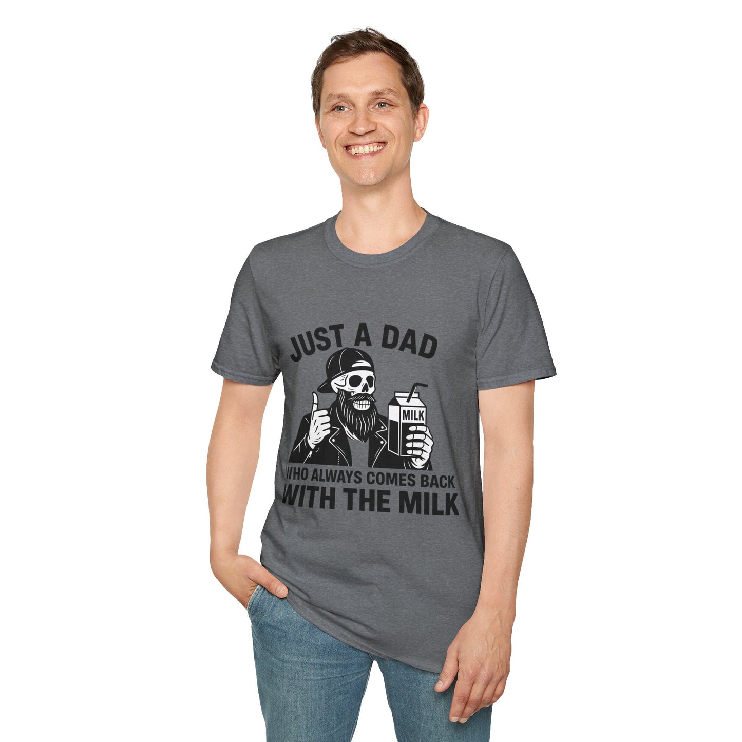 Just a Dad Softstyle T-Shirt, Funny Dad Shirt, Gift for Father's Day, Unisex Tee, Casual Wear, Milk Lover Tee