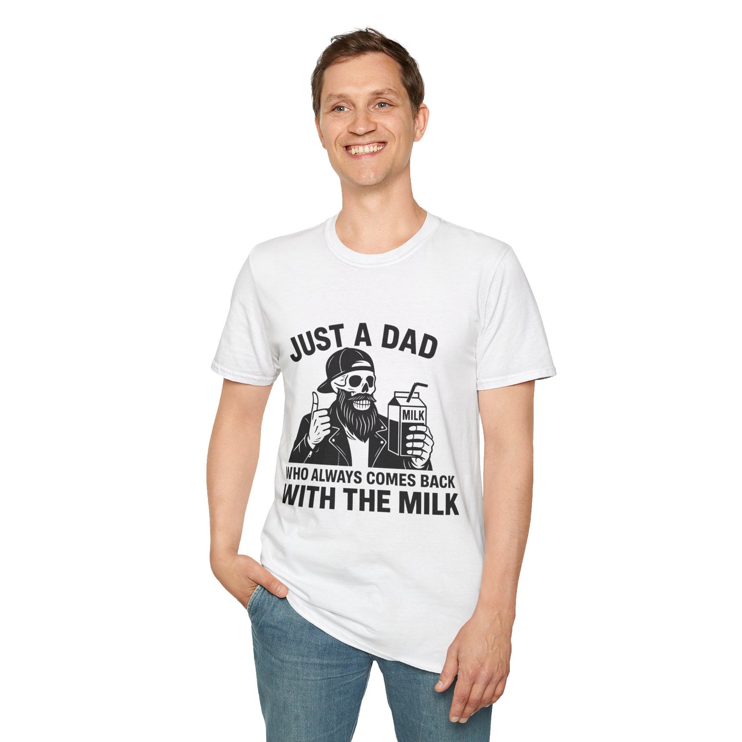 Just a Dad Softstyle T-Shirt, Funny Dad Shirt, Gift for Father's Day, Unisex Tee, Casual Wear, Milk Lover Tee