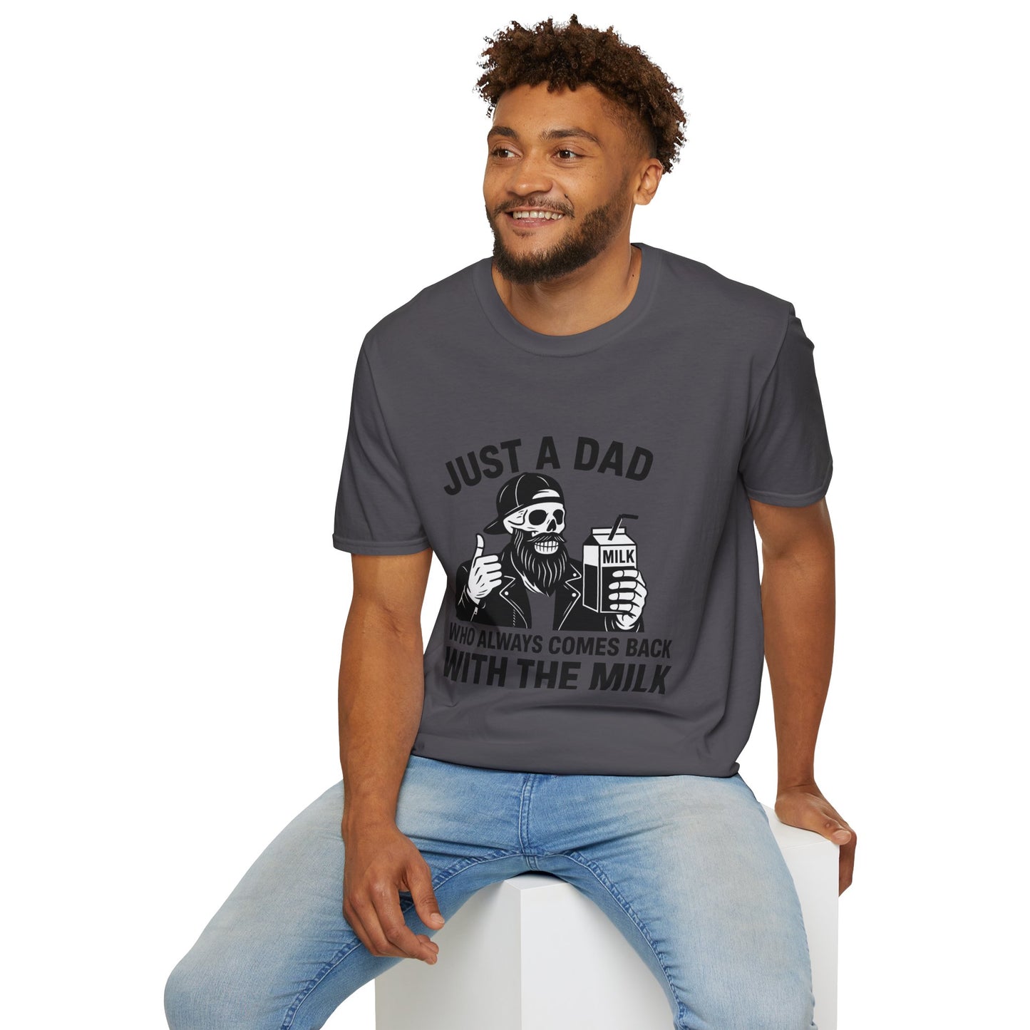 Just a Dad Softstyle T-Shirt, Funny Dad Shirt, Gift for Father's Day, Unisex Tee, Casual Wear, Milk Lover Tee
