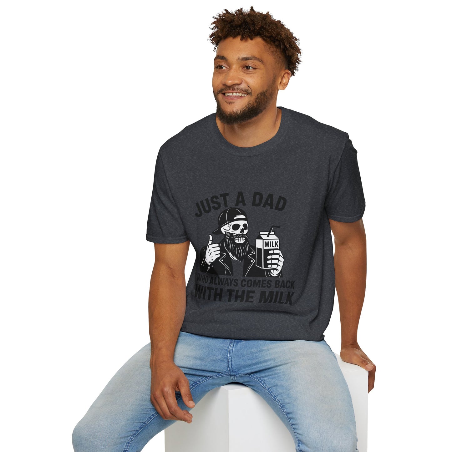 Just a Dad Softstyle T-Shirt, Funny Dad Shirt, Gift for Father's Day, Unisex Tee, Casual Wear, Milk Lover Tee
