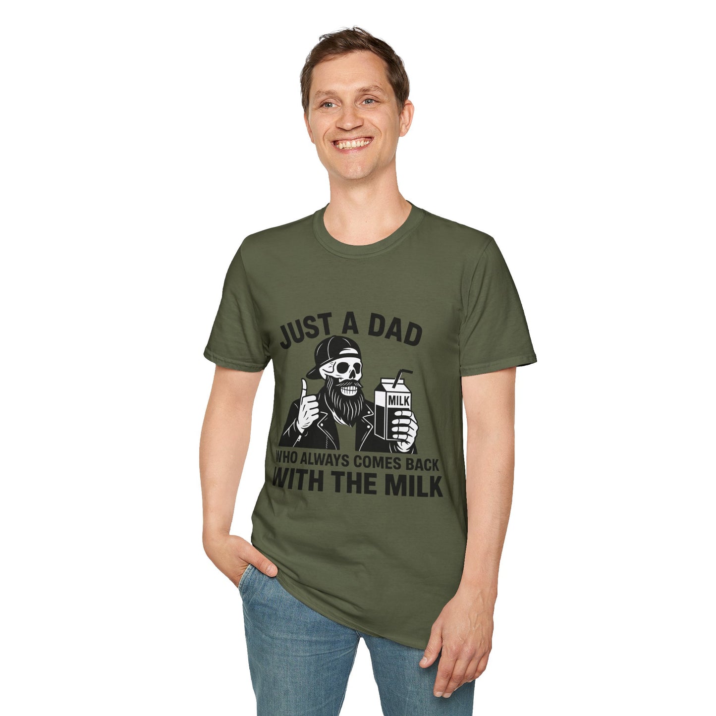 Just a Dad Softstyle T-Shirt, Funny Dad Shirt, Gift for Father's Day, Unisex Tee, Casual Wear, Milk Lover Tee