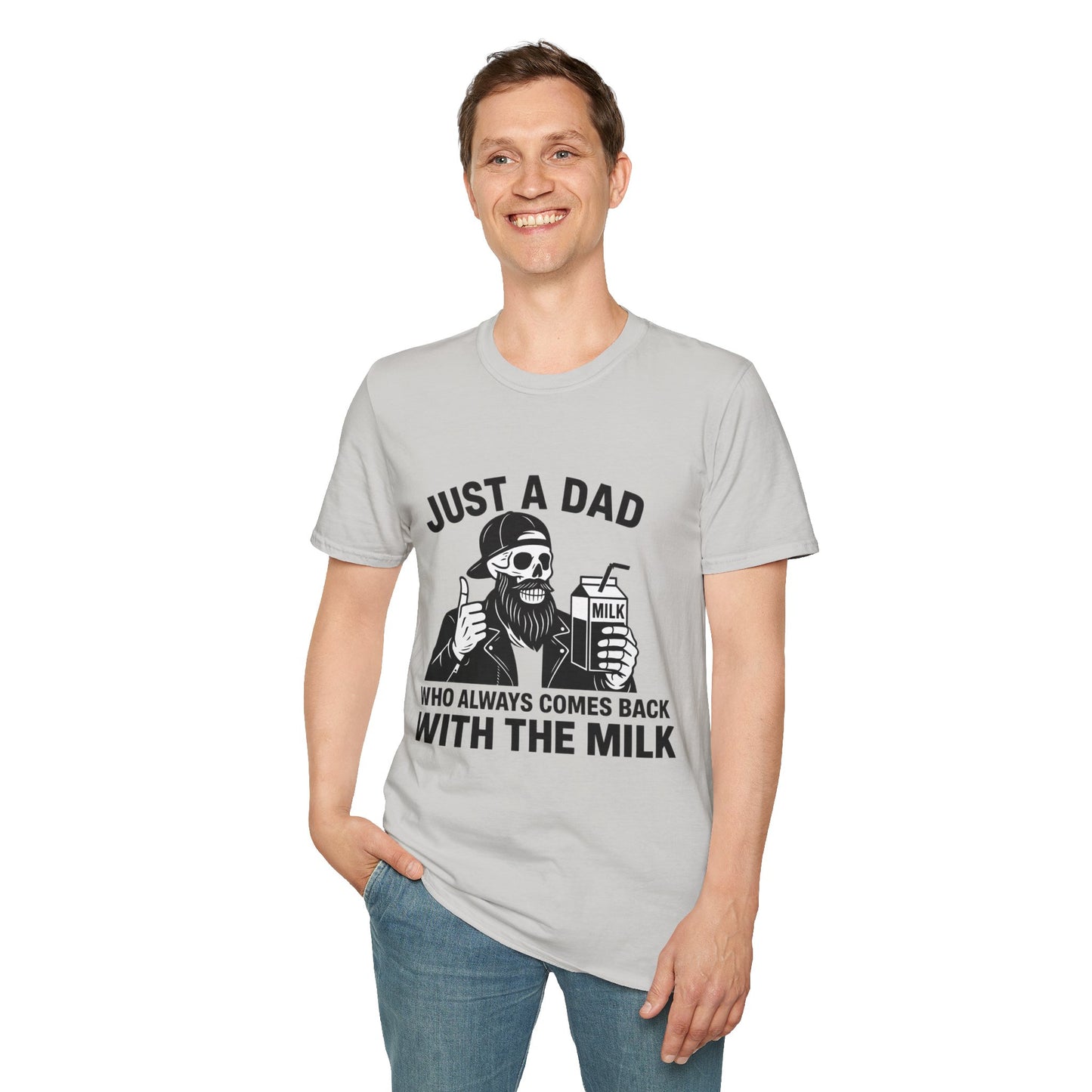 Just a Dad Softstyle T-Shirt, Funny Dad Shirt, Gift for Father's Day, Unisex Tee, Casual Wear, Milk Lover Tee