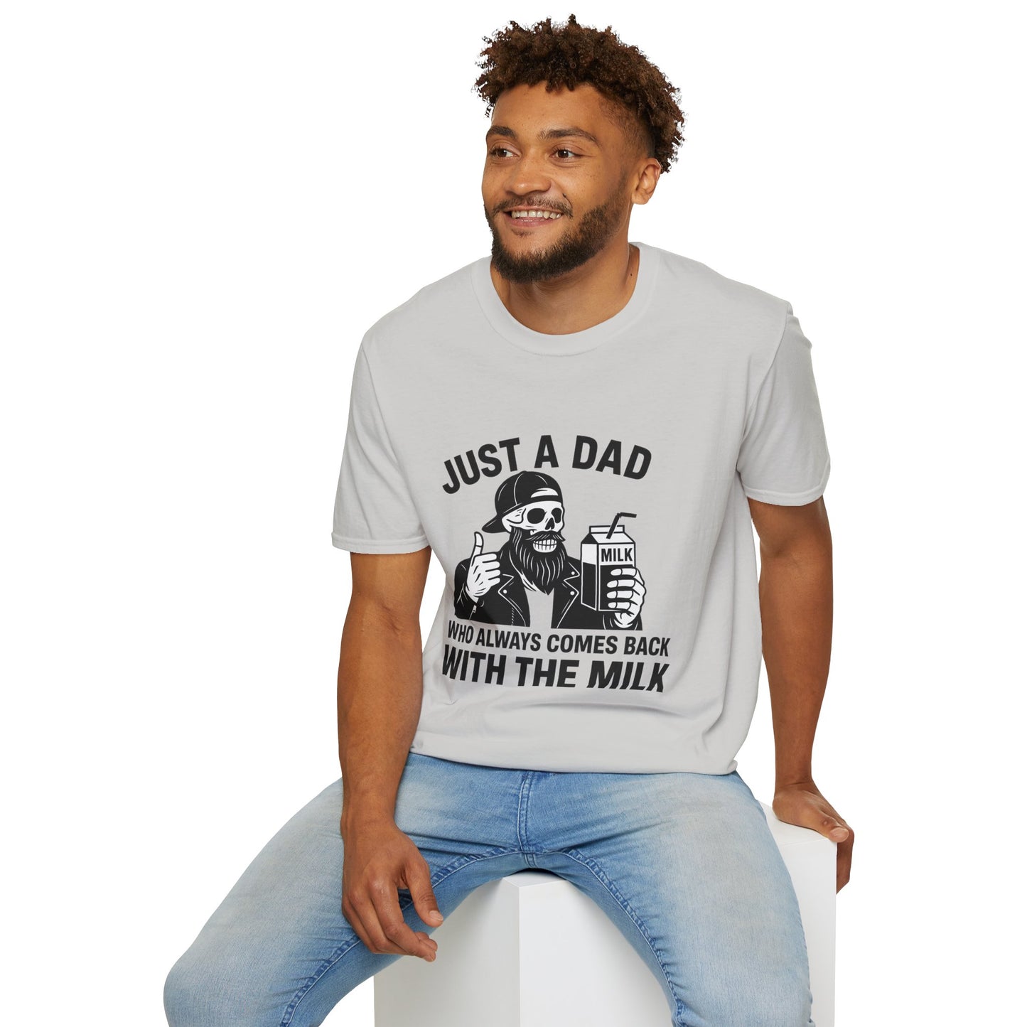 Just a Dad Softstyle T-Shirt, Funny Dad Shirt, Gift for Father's Day, Unisex Tee, Casual Wear, Milk Lover Tee