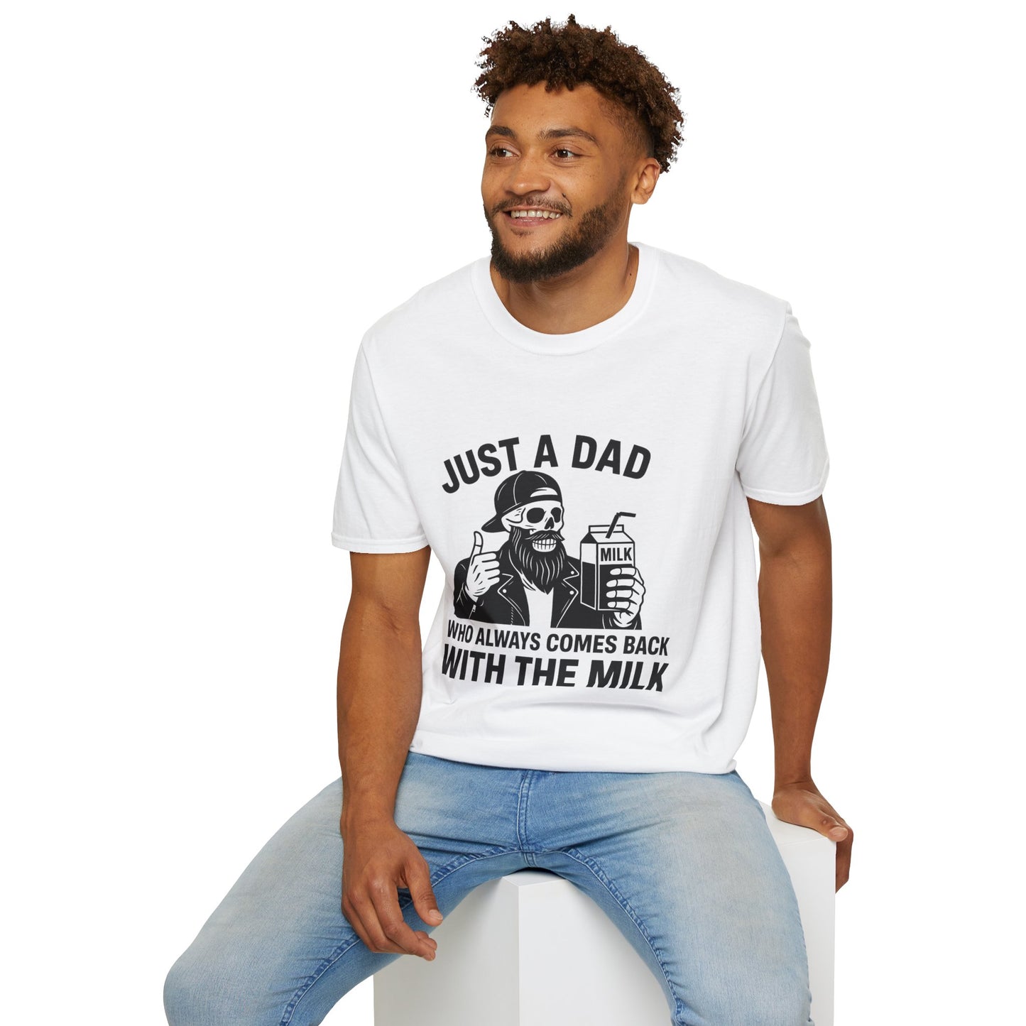 Just a Dad Softstyle T-Shirt, Funny Dad Shirt, Gift for Father's Day, Unisex Tee, Casual Wear, Milk Lover Tee