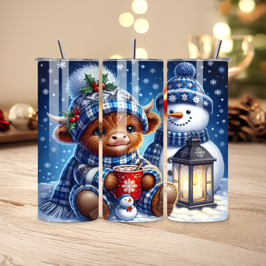 Cow and Snowman Winter Scence