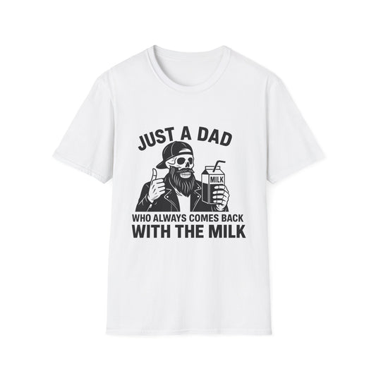 Just a Dad Softstyle T-Shirt, Funny Dad Shirt, Gift for Father's Day, Unisex Tee, Casual Wear, Milk Lover Tee